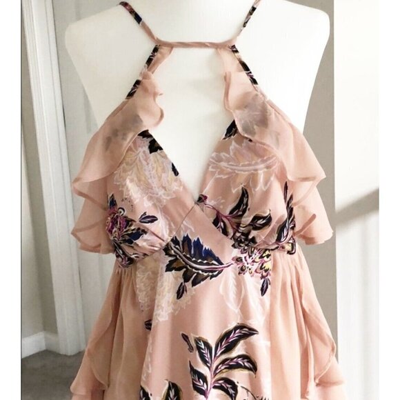 TJD The Jetset Diaries Sz S Beige Ruffled Floral Print Long Maxi Dress V Neck - Picture 13 of 16